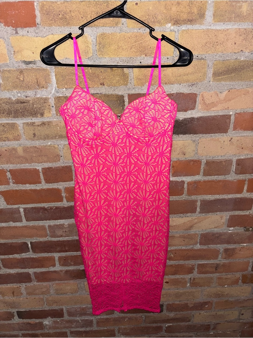 Fashion Nova Hot Pink Lace with Nude Under  Midi Bodycon Homecoming Formal Dress